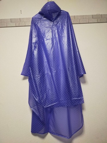 Blue PVC vinyl sleeveless raincape hooded poncho rainwear translucent dots - Picture 2 of 17