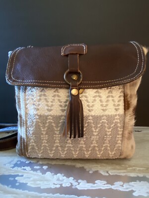 Myra Bag Purse Cowhide Upcycled Canvas Backpack Clutch Western
