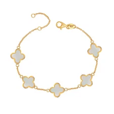 14K Gold Plated Lightweight Mother of Pearl Clover StationChain Bracelet  7.5 In