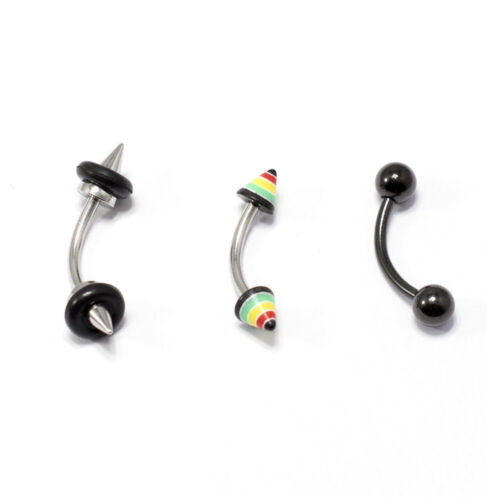 Black Eyebrow Ring 3pc 16G Surgical Steel Spike Rasta 8MM Ear Cartilage Piercing - Picture 1 of 4