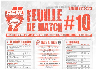 Spielbogen Nr. 10 ASNL - Girondins de Bordeaux (2012 - 2013) - Ligue 1