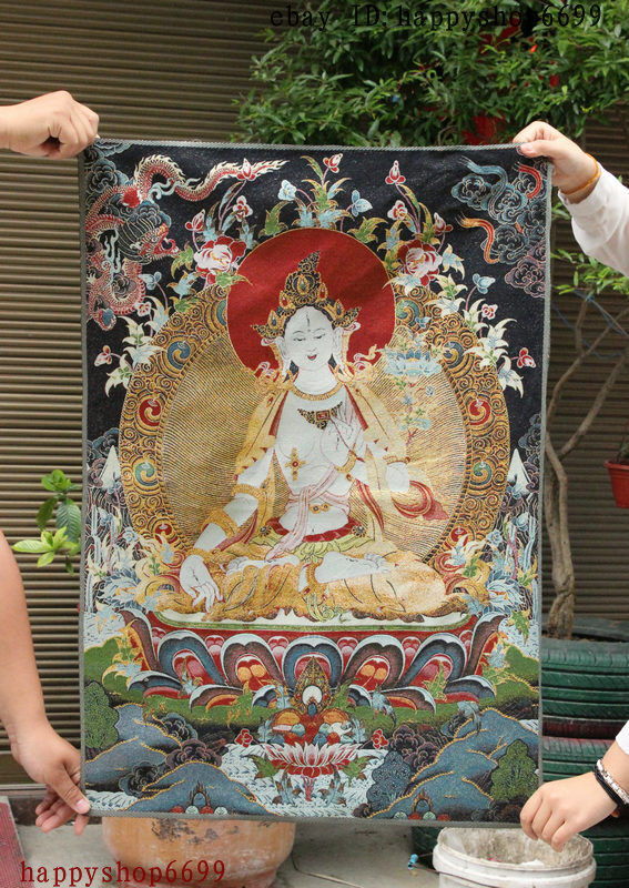 36" Tibet Buddhism Silk Cloth White Tara Goddess Thangka Painting Mural