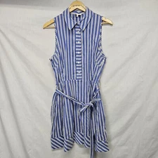 Milly Striped Shirt Dress Blue White Fit Flare Sleeveless Belted Pockets Size 14