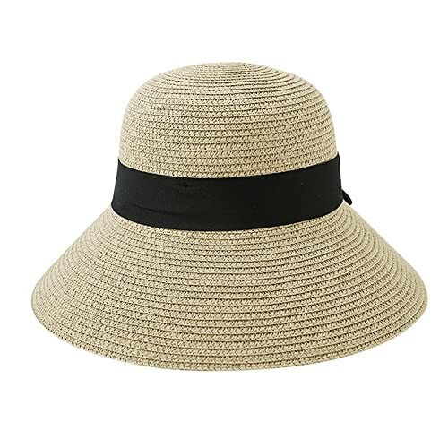 Women Wide Brim Straw Beach Hat Sun Visor Hat UPF 50+ Foldable Floppy Beige - Picture 3 of 6