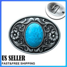 Belt Buckle for Men Turquoise Western Cowboy Belt Buckle with Silver Engraved