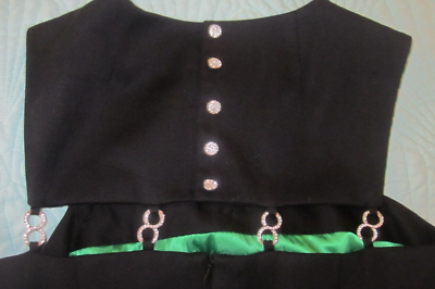 Milly Cutout Little Black Dress Sz 6 Emerald Green Lining Rhinestone Chain  NWT