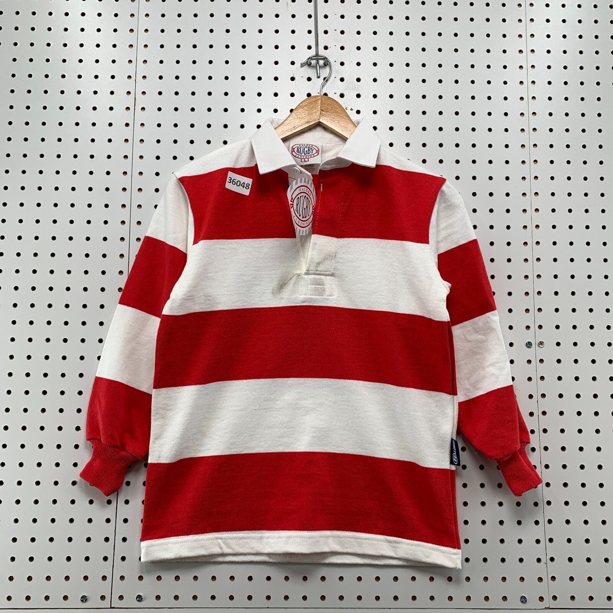 New Halbro Rugby Polo Shirt Youth Large Red White Striped Long Sleeve 