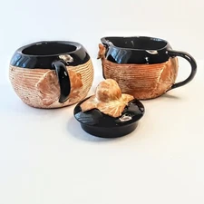 Hand Made Studio Pottery Sugar Bowl & Creamer Signed Rustic Red Clay Black Glaze