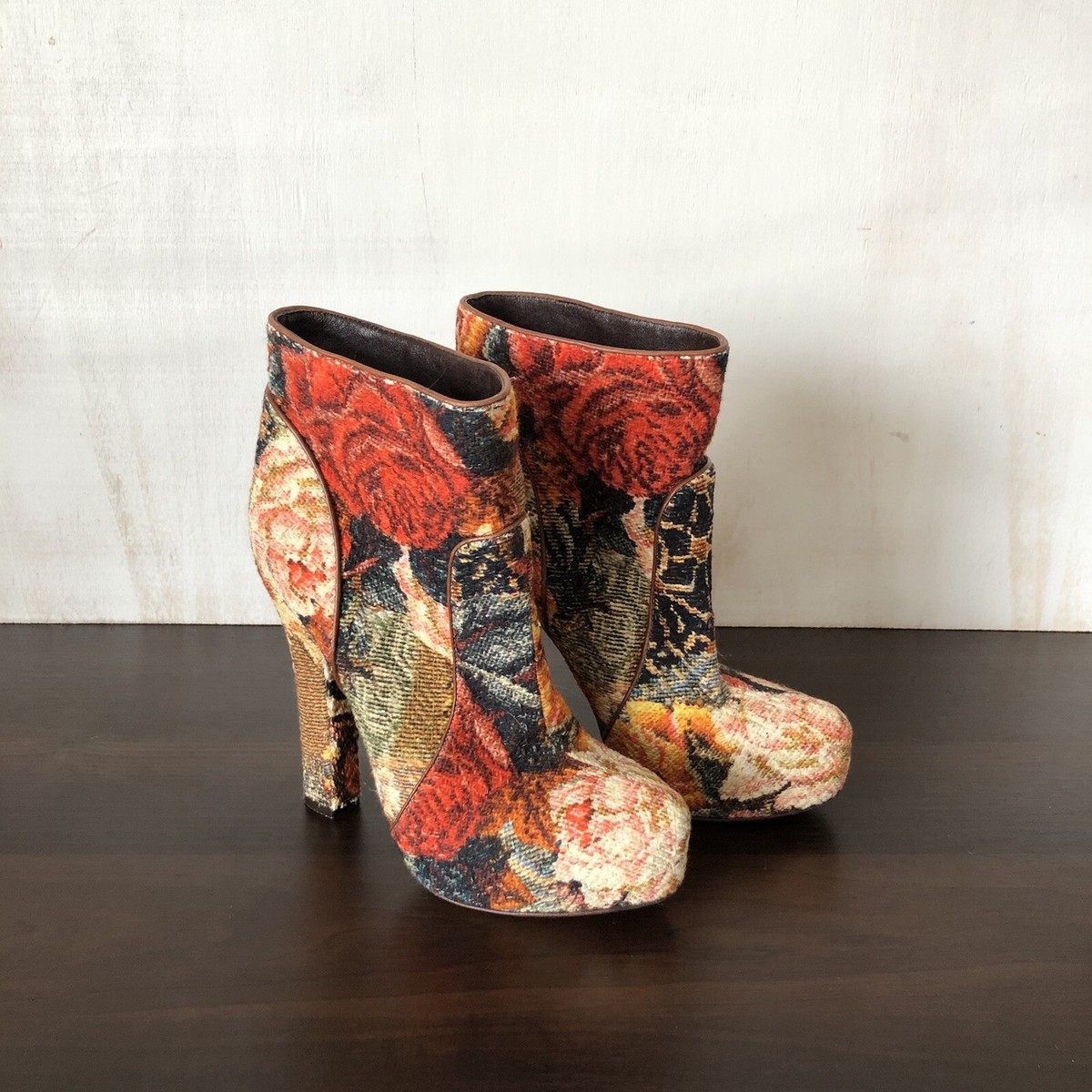 Dolce Gabbana Tapestry Ankle Boots F/W 2012 Flowers and Rabbit Sz
