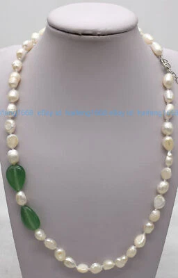 Natürliche 7-10mm Weiß Barock Perle &Grün Träne Form Grüne Jade Halskette 45cm - Bild 1 von 4
