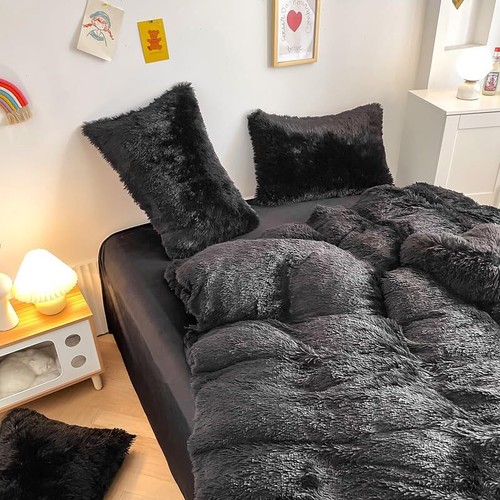 Faux Fur Kids Girls Black Comforter Sets - 3PC Bed Set Warm Queen A-black - Picture 7 of 7