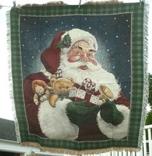  Jolly Santa  Christmas Theme Blanket Throw --Woven w Fringe /NIP