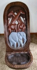 Vtg Hand Carved African Birthing Stargazing Chair Hardwood Giraffe Elephant 2-Pc