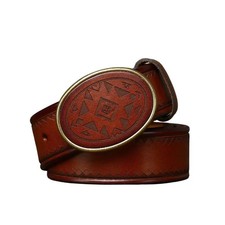 Vintage Laser Engraved Smooth Buckle Mens Full Grain Leather Casual Belt