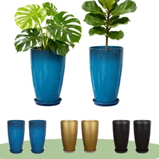 Set of 2 Large 21" Tall Planters w/ Drainage Hole for Front Porch & Garden Decor