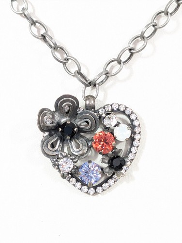 Silver Tone Purple Rhinestone Flower Heart Pendant Necklace Sparkle Love 20 in