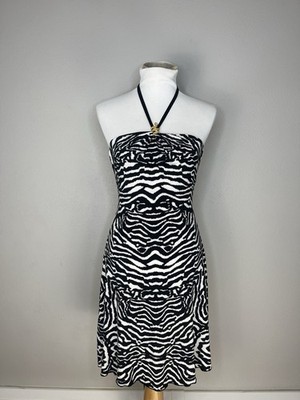 2005  Roberto Cavalli Zebra Print Halter Dress W/Snake Ring L Made In Italy