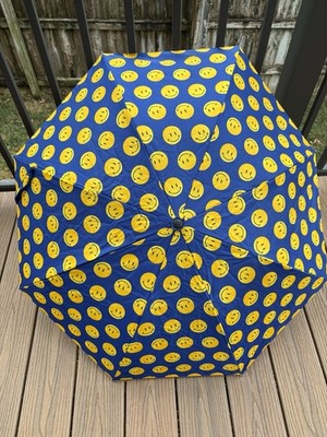Smiley Face Blue Yellow Umbrellas Y2K Auto Open