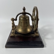Vtg Gatco Brass Desktop Nautical Ship Bell with Pulley Wheel On Wooden Base 7"