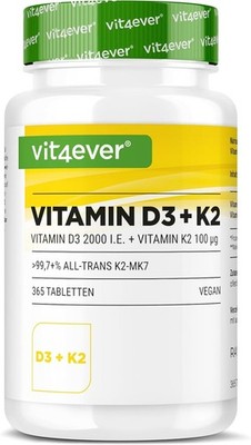 Vitamin D3 + K2-365 Tabletten MK-7 und 2000 IE Vitamin D3 Hochdosiert