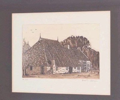 Moderner Raddruck, Reetdachhaus, signiert, nummeriert & gerahmt 