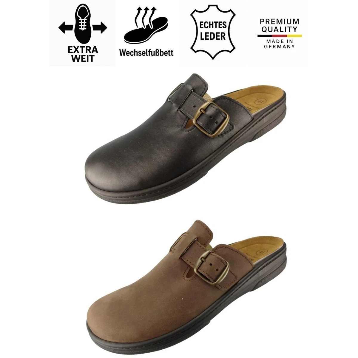 Algemare Herren Clog Leder Pantolette Hausschuh 7995 H-Weite bequem weich 40-47