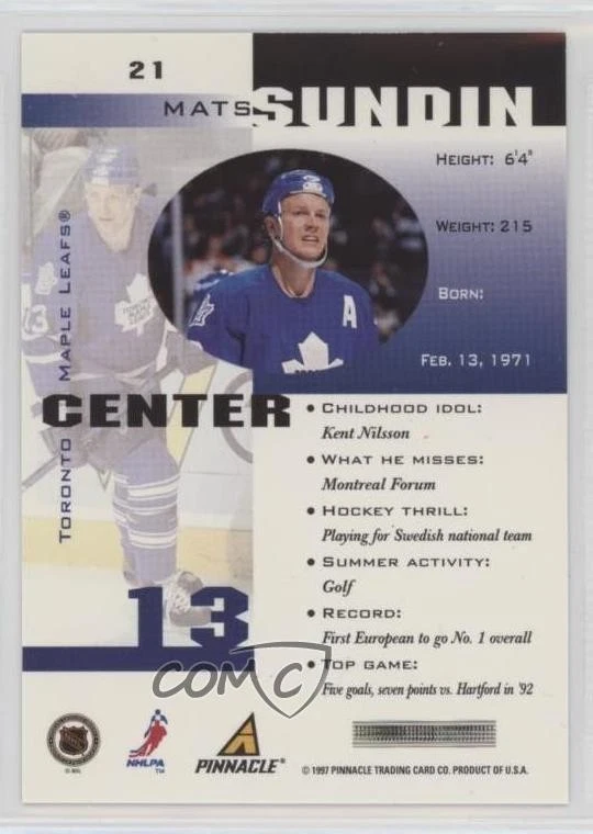 1997-98 Pinnacle Inside Coaches Collection Mats Sundin #21 HOF - Image 2 of 2