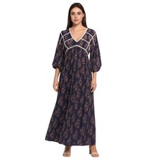 NEW Small Maxi POL Dress Cotton Blue Red Paisley Crochet Trim Vintage BOHO Style