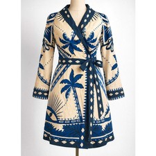 Farm Rio Anthropologie Blue Cream Double Breasted Wrap Dress Belted XXS NWOT