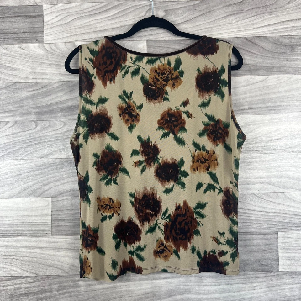 Camiseta sin mangas vintage Dana Buchman para mujer XL marrón floral nailon sin mangas cuello redondo Foto 3 de 4