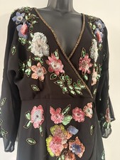 Monsoon long black dress embroidered size 10 sequin Josie maxi evening mesh