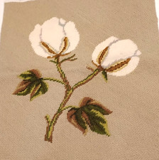Vintage Needlepoint Creamy White Flowers on Tan Taupe Background 17" x 14"