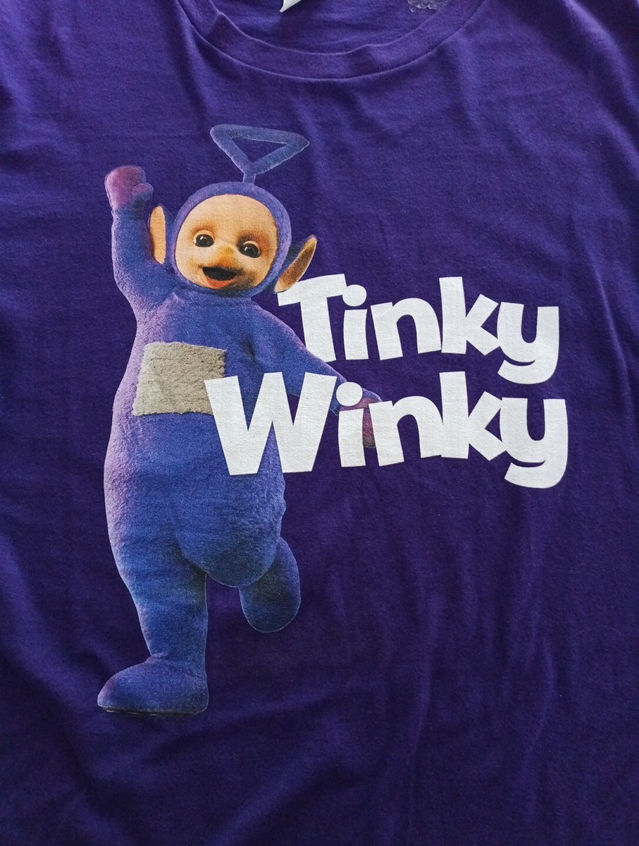 Tシャツ・カットソー LAUGHER Teletubbies Purple Ringer T-Shirt White TE36 Vintage Teletubbies purple Tinky Winky shirt size Small 16