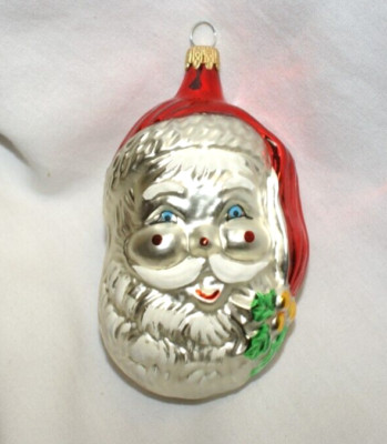 VTG Santa Claus Face Christmas Ornament White Beard Shiny Red Cap & Holly 3.5''