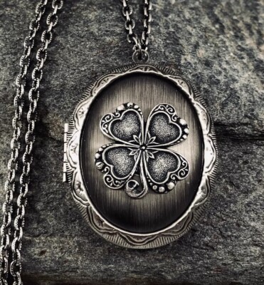 Irish Shamrock Four Leaf Clover Locket Necklace St. Patrick s Day Celtic Design