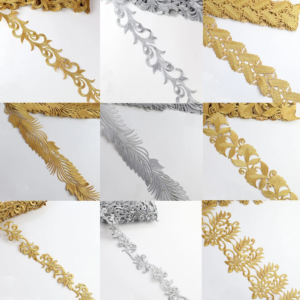 Metallic Gold Silver Ribbon Embroidered Lace Applique DIY Cosplay Costume Decor - Image 2 of 4