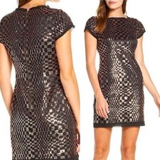 Eliza J Abstract Checkerboard Sequin Cocktail Dress Gold Black Sz 6