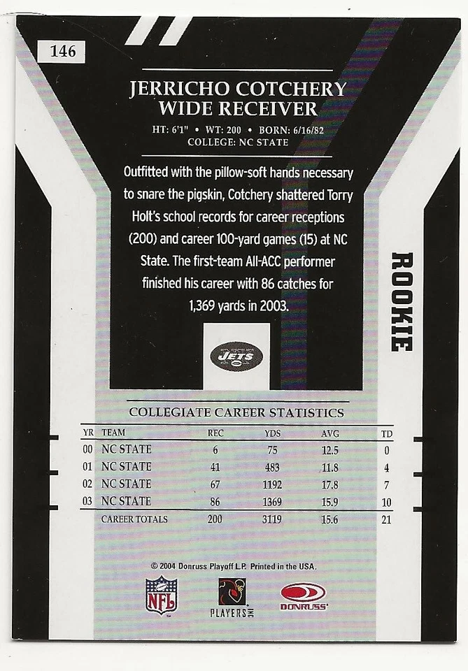 2004 Donruss Elite Jerricho Cotchery /500 Rookie #146 - Image 2 of 2
