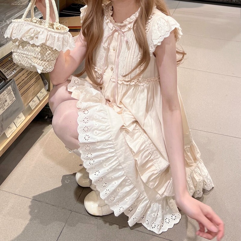 princess kawaii dress Sweet Lolita Dress OP Pleated Sleeveless Polyester Sweet Pink Hime Lolita Dress