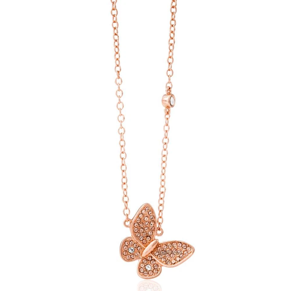 Rose Gold Plated Butterfly Pendant Necklace with Rose Gold Crystals by Matashi - Image 2 of 3
