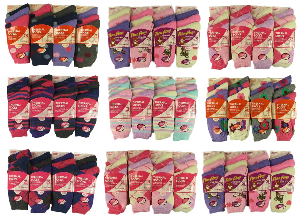 RZK 12 Pairs Of Ladies Design Thermal Socks, Thick Warm Winter Boot Socks, Size 4-7