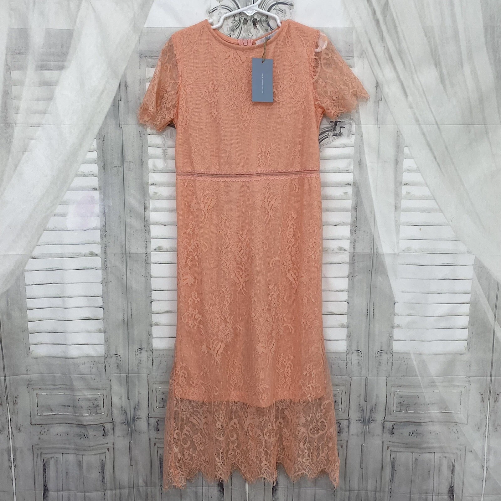 Peyton Bre Girl Size 8 Peach Orange Short Sleeve Lace Dress Midi Zip Formal B37