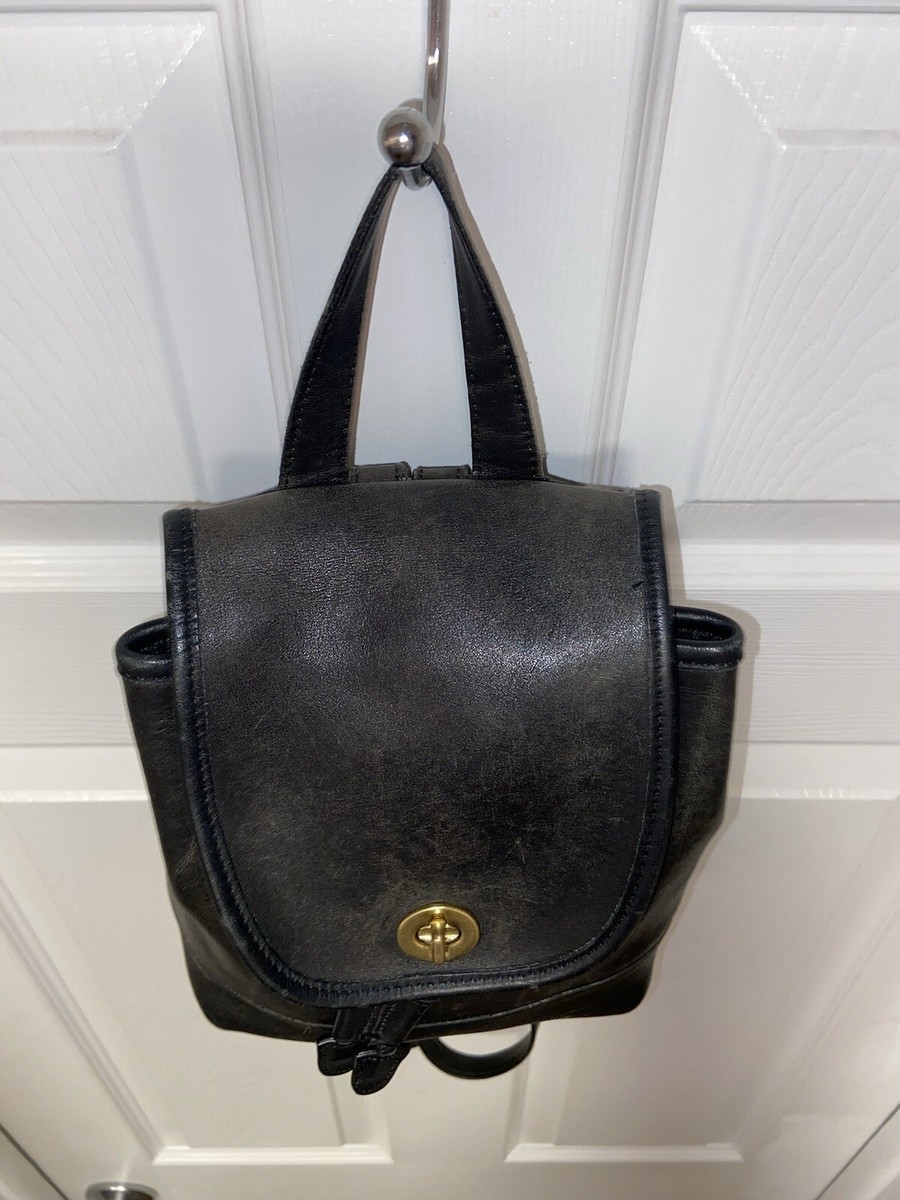 Vintage Coach Black Leather Backpack Brass Gold Hardware # H9 Z