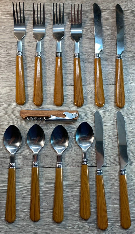 12pc VTG silverware Brown Plastic Handles Wood Grain look stainless