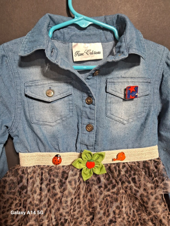 RARE EDITIONS Girls Denim Animal Print Mesh Pretty Decorated Dress Sz 4/4T - Image 2 of 4