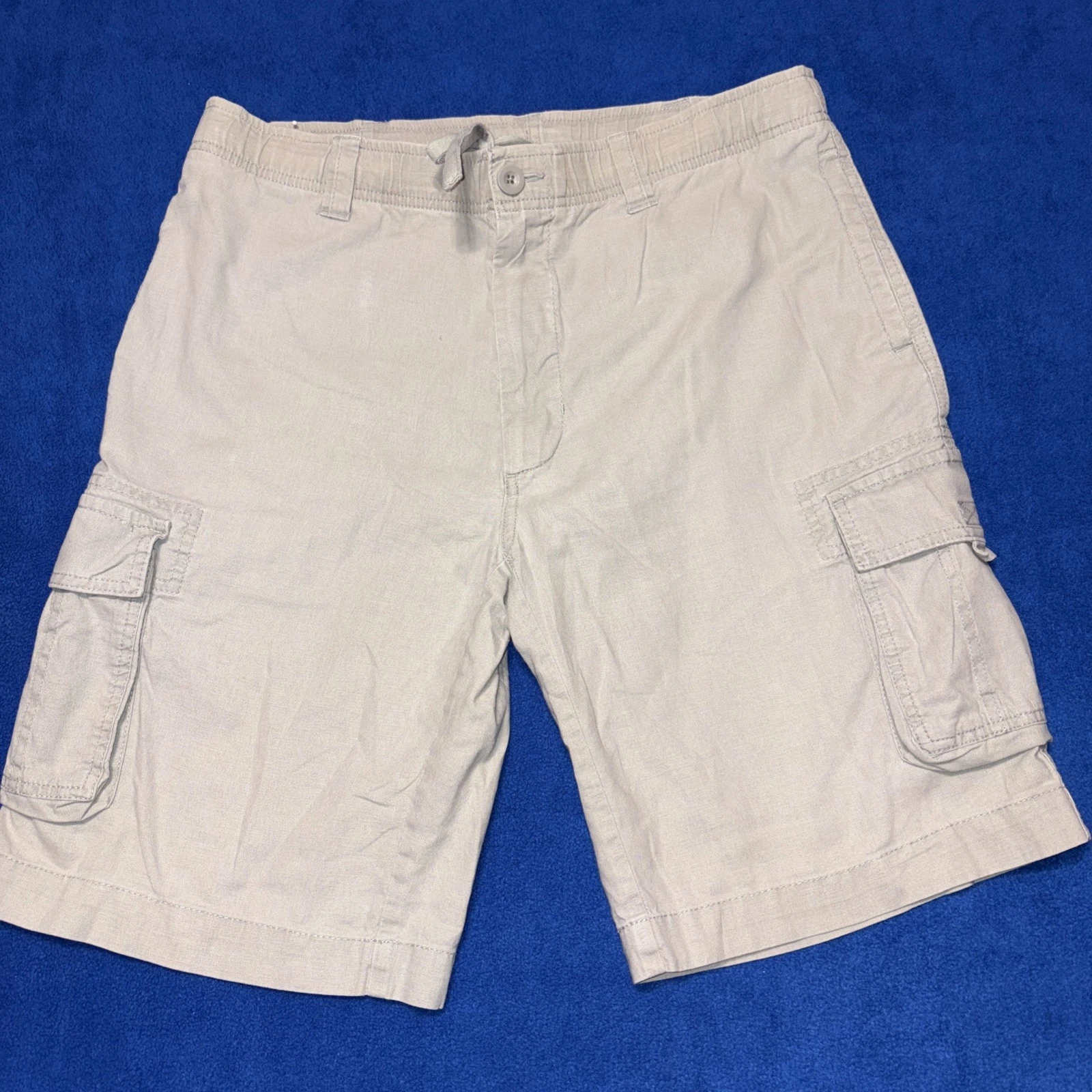 Roundtree & Yorke Casuals Cargo Shorts Mens 34 Beige Linen Blend Drawstring Vtg