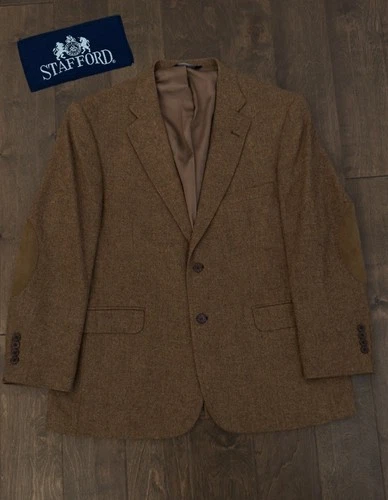 Stafford Mens Lambswool Tweed Blazer Elbow Patches Sport Coat Jacket Size 44S