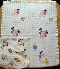 Vintage Dundee Mickey Mouse Baby Blanket Cotton w Satin & Crib Sheet 1984