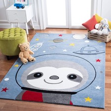 Carousel Kids Collection Accent Rug - 4' x 6', Blue & Grey, Sloth Design, Non...