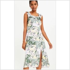 Loft floral paisley dress midi size 2 side slit leg vibrant boho ruffle fitted 